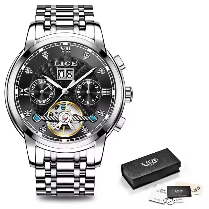 Reloj De Pulsera Automático LIGE 2024 Para Hombre Lujo Deportivo Resistente Al Agua Con Tourbillon Y Funciones Adicionales Acero Inoxidable - 1