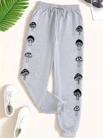 Pantalones Largos Kawaii Con Estampado De Hongos Para Mujer Cintura Elástica Dibujada Cómodos Pantalones Deportivos Casuales De Moda - details 4