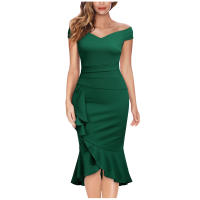 Vestido Elegante Para Mujer De Encaje Con Volante Y Cintura Ajustada Vestido De Fiesta Con Hombros Descubiertos Y Abertura En La Pierna Vestido Clásico De Cintura Alta Y Acolchado - details 6
