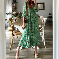 Vestido Largo Para Mujer Con Estampado Verde Y Acolchado Estilo Europeo Otoño 2024 Moda Oficina Lady Cuello V Manga Puff Polyester - details 6