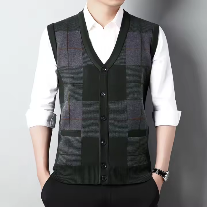 Suéter De Casual Para Hombre Chaqueta Sin Mangas Gruesa Para Otoño E Invierno Cardigan Con Estampado Rayado Cuello En V - 1