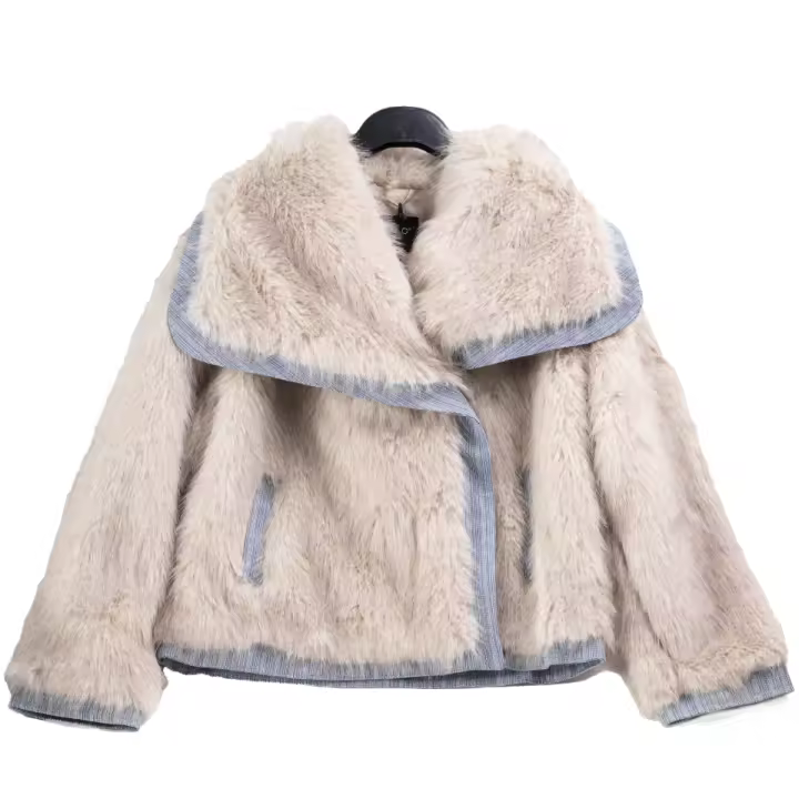 Chaqueta mujer pelo sintético con ribete azul denim en contraste abrigo forrado para invierno estilo elegante Paloma Wang - 1