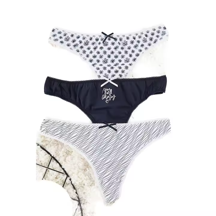 Trendyol Multicolored 3-Pack Cotton Ribbon Bow Striped/Floral/Slogan Thong Knitted Panties Thmaw25Ku00035 - 1