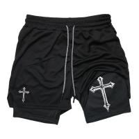 Shorts De Entrenamiento Para Hombres Con Estampado De Cruz Y Línea De Compresión Bolsillo Para Teléfono Y Cinta De Malla Deportiva Adecuado Para Correr En La Iglesia - details 18