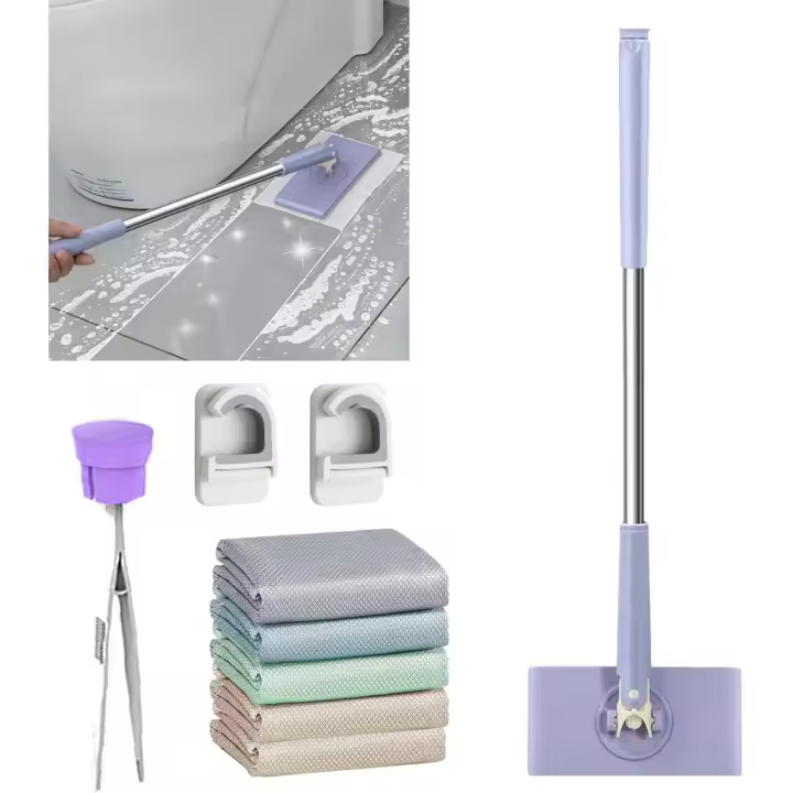 Mini trapeador automático con cabezal giratorio de 360° y 5 paños de limpieza en seco, para uso en seco y húmedo (azul, largo (93 cm/36,6 pulgadas)) - 1