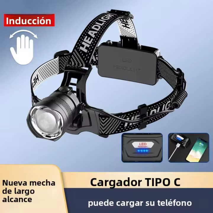 Linterna Frontal LED Con Sensor De Láser Blanco XHP90 Incluye Batería 18650 Recargable USB Para Pesca Senderismo Y Caza - 1