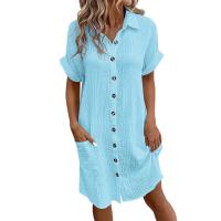 Vestido Elegante De Verano Para Mujer Con Cuello En V Y Mangas Cortas Botones Y Cuello Encogible Vestido De Oficina Para Dama Con Estilo Robe - details 1