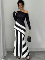 Vestido Maxi Para Mujer Elegante Y Casual En Negro Y Blanco Patchwork Slim De Poliéster Para Otoño Moda Streetwear - details 3