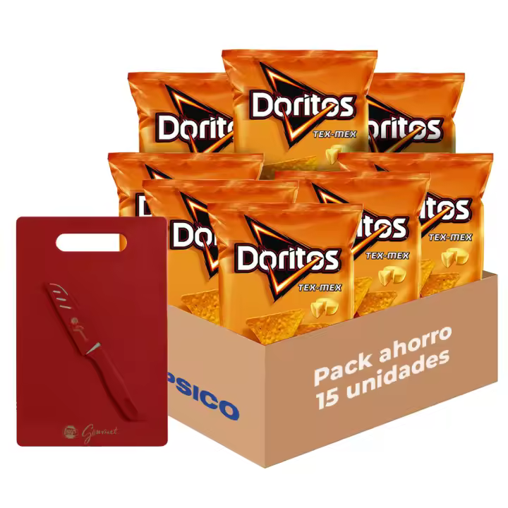 Pack Regalo Doritos Tex-Mex - Snack Crujiente con Sabor a Queso, Pack Regalo de 15 Bolsas del Delicioso e Irresistible Aperitivo de Maíz Frito con Forma de Nacho, Total: 15 x 44g = 660 g + Tabla de Cortar y Cuchillo - 1
