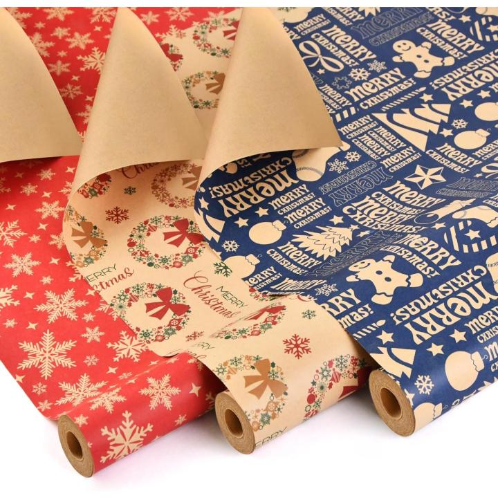 Papel Regalo Navideño, 70cm x 10M - PACK 3/6/12 Rollos de Papel de Embalaje de Navidad Reciclables Papel Kraft Caja de Navidad Regalo Embalaje Decoración de Regalo de Cumpleaños Gran surtidos de modelos con Envio segun disponibilidad.