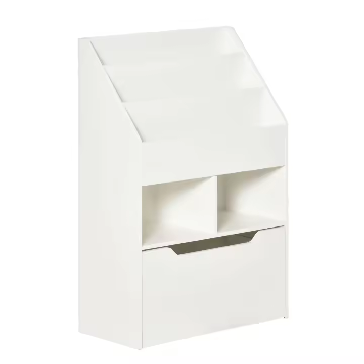 HOMCOM Estantería Infantil de Madera con 3 Compartimentos 2 Cubos y Cajón Móvil con 4 Ruedas Librería Infantil para Habitación de Niños Sala de Juegos 60x29,9x90 cm - 1