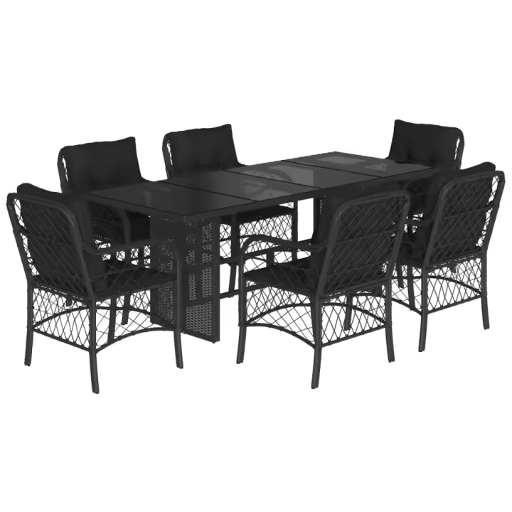 vidaXL Set de comedor de jardín 7 pzas y cojines ratán sintético negro - 1
