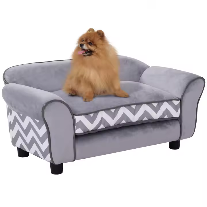 Pawhut Sofá para Mascotas con Patas Cama para Perros de Madera con Cojín Acolchado Acogedora Funda Lavable 73,5x41x33 cm Gris - 1