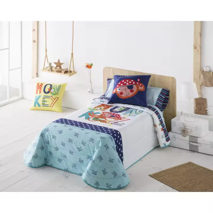 JVR - Colcha Bouti modelo MONKEY - Tejido 100% Algodón Percal 200 hilos - Estampado digital - Fabricado en España - Cama 80/90/105 - 1