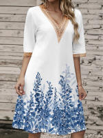 Vestido Corto Impreso Verano Con Cuello V Y Encaje Talla Grande Hasta La Rodilla Para Mujer Estilo Casual Polyester - details 23