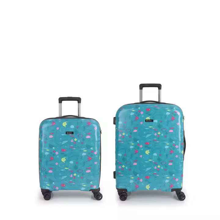Set de maleta cabina y mediana Gabol ACQUA, estampado de elementos simbólicos del mar, 4 ruedas dobles, ABS y Policarbonato, forro de alta calidad y capacidad total de 37,6L y 65,2L - Equipaje de mano con cerradura TSA - 1