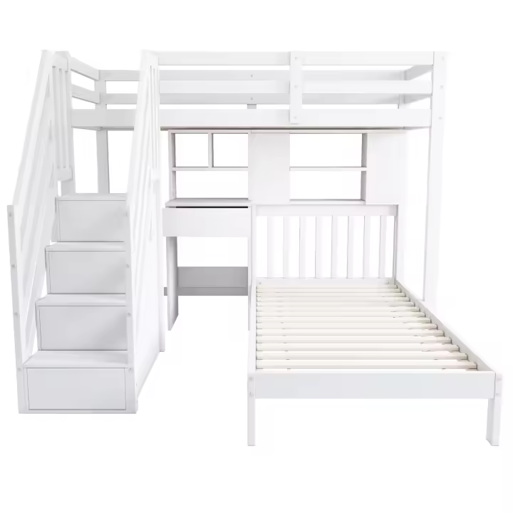 Litera Infantil Multifunctional y Multiuso | Cama Doble 90x200 cm + Cuna Transformable en Escribano with Estantería | Almacenaje Integral, Somier Red y Diseño Moderno Blanco - 1