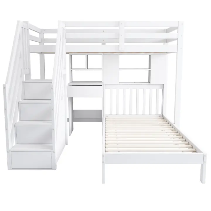 Litera Infantil Multifunctional y Multiuso | Cama Doble 90x200 cm + Cuna Transformable en Escribano with Estantería | Almacenaje Integral, Somier Red y Diseño Moderno Blanco - 1