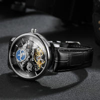 Reloj Mecánico Forsining De Lujo Con Esqueleto Y Tourbillon Para Hombres Con Correa De Cuero Genuino Zona Horaria Dual Fase De La Luna Resistente Al Agua Y Shock - details 4