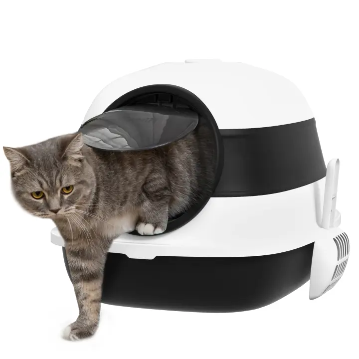 PawHut Caja de arena para gatos con tapa, caja de arena que incluye desodorante, rejilla para el suelo, pala para arena, interior grande para gatos de hasta 5 kg, blanco + negro, 52 x 41 x 38 cm - 1