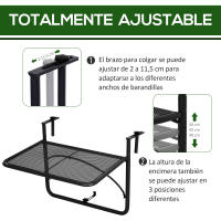 Outsunny Mesa Colgante de Balcón con Brazo Regulable y Altura Ajustable en 3 Posiciones Marco Metálico Carga Máx. 30 kg 60x56,5x45 cm - details 3