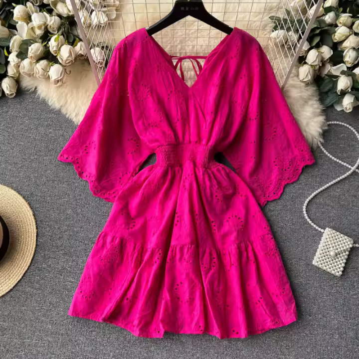 Vestido Midi Vintage De Verano Para Mujer En Blanco/Púrpura/Azul Con Bordado De Encaje Y Cuello En V Vestido De Fiesta Playa Con Mangas Cortas Estilo Oficina Lady - 1