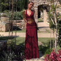 Conjunto Elegante De 2 Piezas Para Mujer Halter Sin Espalda Camisola De Cintura Elástica Con Volantes + Falda Larga De Encaje Sólida Vestido De Noche Para Fiesta Y Vacaciones En La Calle - details 36