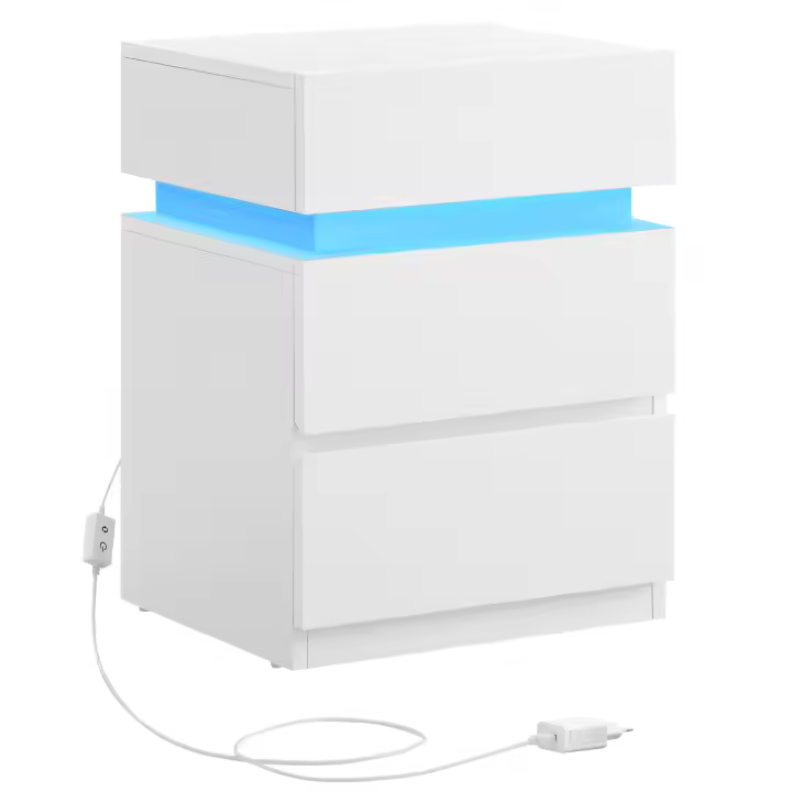 VASAGLE Mesita de Noche con Tira de Luz LED Multicolor Variable, 3 Cajones, Mesa Auxiliar, Estilo Moderno, 35 x 40 x 55 cm, Negro con Veta de Madera/Blanco - 1
