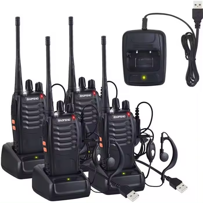 4 walkie-talkies bidireccionales UHF 400-470 MHz con auriculares originales, transmisor FM portátil de 16 canales, color negro - 1