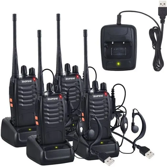 4 walkie-talkies bidireccionales UHF 400-470 MHz con auriculares originales, transmisor FM portátil de 16 canales, color negro - 1