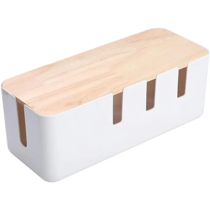 Caja de almacenamiento de cables, Organizador de cables con tapa de Madera para TV, computadora, recleta de enchufes, Cargador de línea, 30,3x12,5x11,5 cm - 1