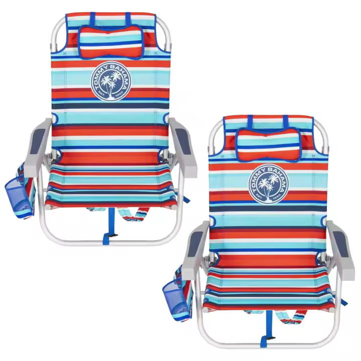 PACK 2 Sillas de Playa Tommy Bahama Reclinable 5 Posiciones - Hamaca de Playa Tommy Bahama Reclinable 5 Posiciones - Tumbona Plegable, Ligera y Resistente, Con Mochila, Almohada, Portavasos y Bolsillos Térmico - Aluminio y Poliéster - 1
