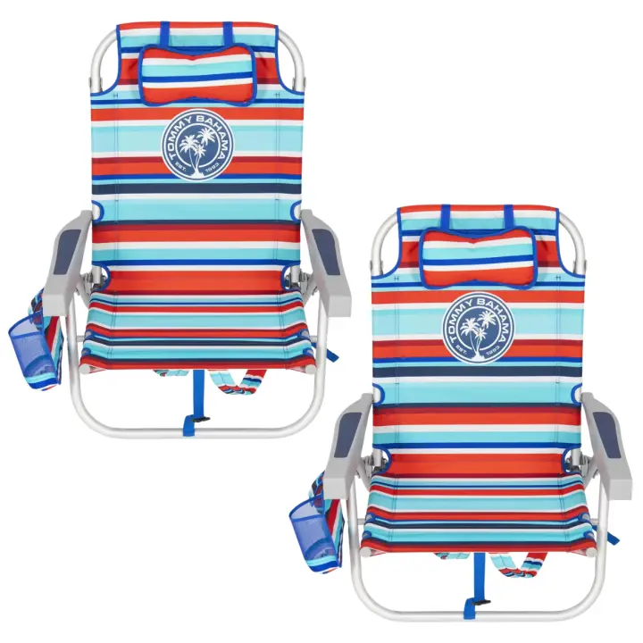 PACK 2 Sillas de Playa Tommy Bahama Reclinable 5 Posiciones - Hamaca de Playa Tommy Bahama Reclinable 5 Posiciones - Tumbona Plegable, Ligera y Resistente, Con Mochila, Almohada, Portavasos y Bolsillos Térmico - Aluminio y Poliéster - 1