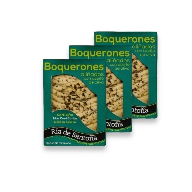 Boquerones del Cantábrico en Vinagre Aliñados con Aceite de Oliva Ría de Santoña PACK 3 BANDEJAS DE 125GR, Perfectos para Tapas y Aperitivos Gourmet, Producto Artesanal de Alta Calidad, Elaborados con Tradición y Cuidado para Paladares Exigentess