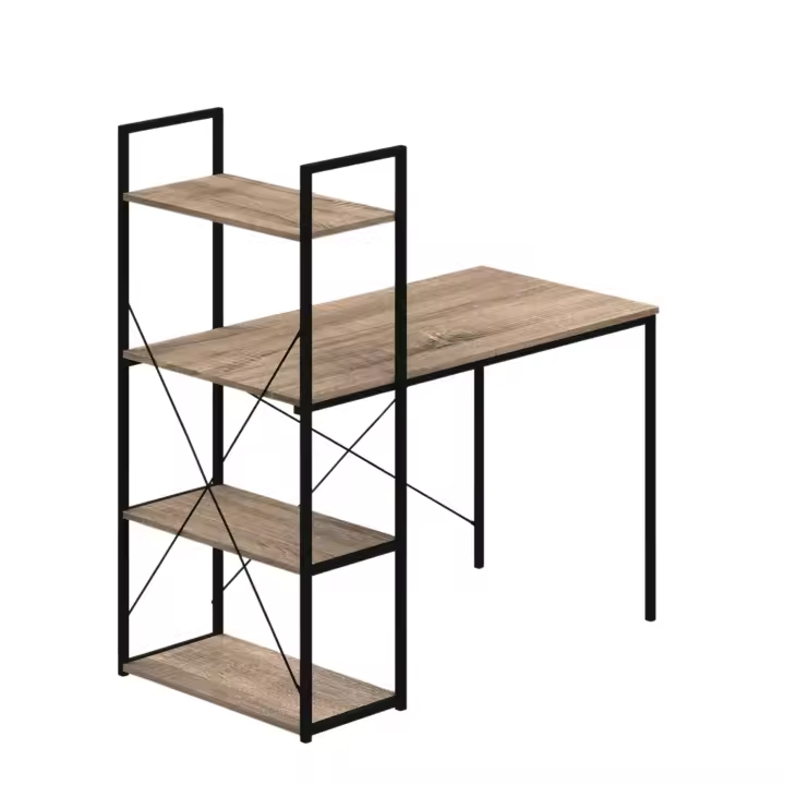 Mesa Escritorio con Estantería 3 estantes Acero Estilo Industrial Color Negro y Roble Claro 113 cm - 1