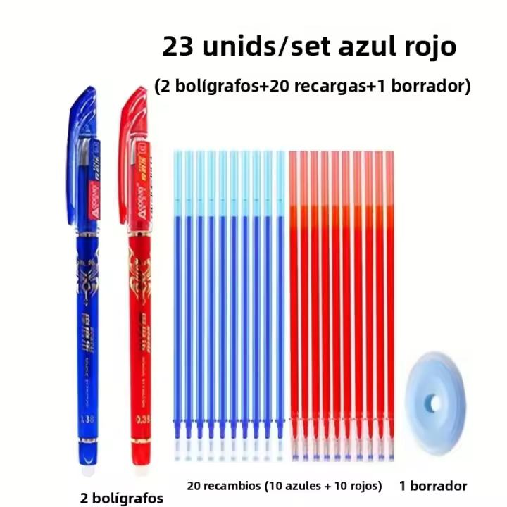 Juego De 23 Rotuladores De Gel Erasables 0.5mm En Negro/Azul/Rojo Con Borrador Mágico Y Mango Lavable Estación De Oficina Y Escuela - 1