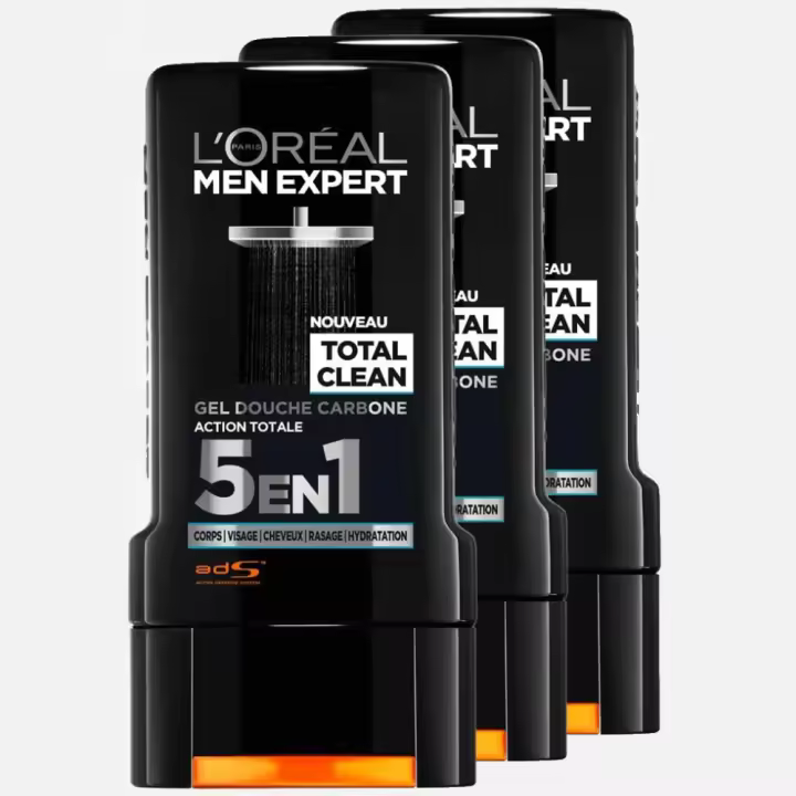 L'Oreal Paris Men Expert - Gel de Ducha Total Clean Carbon - 3 Bote de 300 ml (Caja de 3 botes x 300ml) - Fórmula 5 en 1 para cuerpo, rostro, cabello, barba e hidratación. Fragancia fresca intensa, uso diario para una piel limpia y fresca. - 1