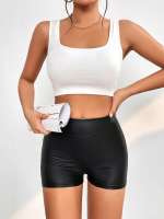 Shorts De Cuero PU Para Mujer En Negro Cintura Alta Ajustados Estilo Callejero Casual Primavera Verano Glossy Para Gimnasio Noche Fiesta - details 4
