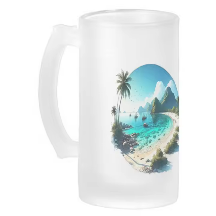 MERCHANDMANIA JARRA CERVEZA CRISTAL playa paradisiaca mar oceano agua arena palmeras esmerilada esmerilado 500ml - 1