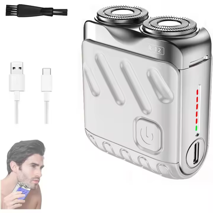 Afeitadora eléctrica portátil de doble anillo rotatorio, con protección magnética, recargable por USB, resistente al agua, de bolsillo para el cuidado de la barba y el vello corporal, color blanco. - 1