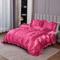 Set De Edredón Satinado 3PCS Rosa Y Rosa Claro Seda Suave Con Volante Patrón De Lujo Colchón Funda De Edredón Moderno Para Cama - details 2