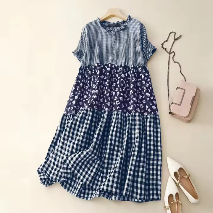 ZANZEA Vestido Largo a Cuadros Para Mujer Estilo Vintage Manga Corta Holgado Manga Regular Poliéster Y Algodón Ajuste Suave Para Verano Y Vacaciones - 1