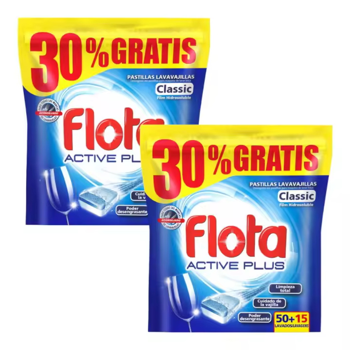FLOTA Pack de 2 bolsas de 50+15 Pastillas Lavavajillas Máquina Antigrasa Limpieza 65 Lavados (130 lavados en total) - 1