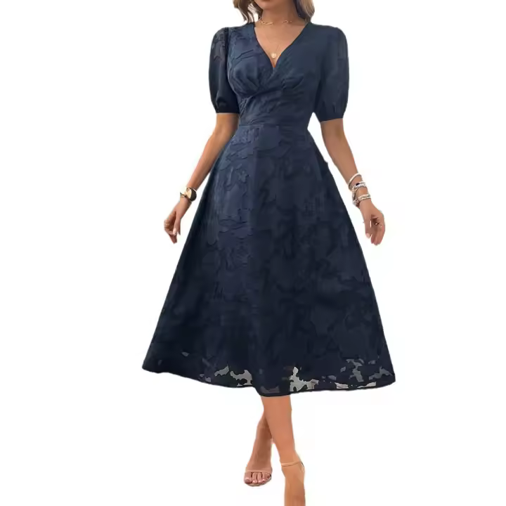 2024 Spring and Summer Women's Short Sleeve V-Neck High Waist Retro Elegant Dress - 1