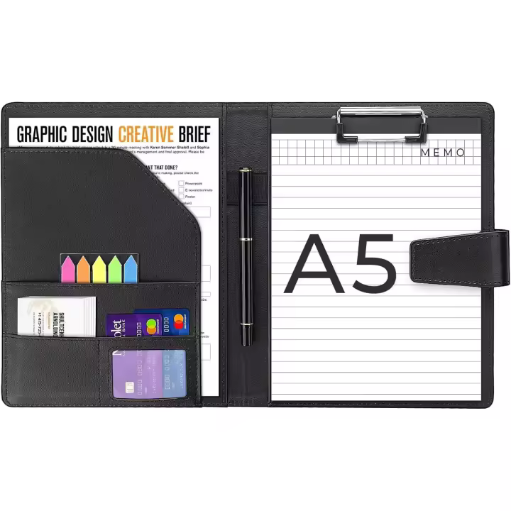 Agoer A5 Leather Clipboard Folder Faux Conference Folders with Magnetic Closure Cover,Black Business Folder Foldover with A5 Paper,Sticky Arrow Tabs,Pen,Multifunctional Document Folders for Work - 1