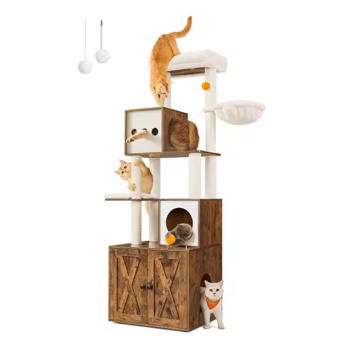 Feandrea Árbol Moderno para Gatos, Rascador para Gatos con Arenero, 185 cm, Torre para Gatos con Plataforma, Cojines Lavables, Greige/Marrón Rústico - 1