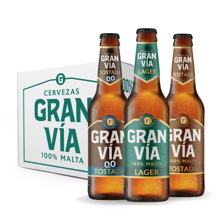 Pack Degustación Cervezas Gran Vía - Cerveza Lager 100% Malta, Tostada, y 0,0 Tostada ¡Listas para disfrutar! - 1