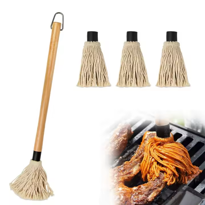 Mango de Madera de 18 pulgadas con 4 cabecales de repuesto adicionales, trapeador de Algodón, para asar a la Parrilla y ahumar filetes - 1