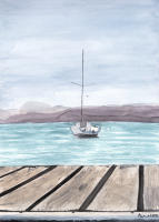 Cuadro decorativo vertical grande  "Lago I" 85x120 90x130 100x140 Lienzo alta calidad Marina  paisaje acuático lago con bote velero arte Contemporáneo acuarela tonos pastel agua azul madera montañamuelle neutroRef ANA DURAN 016 - details 0