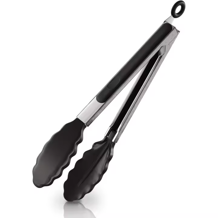 Pinzas de silicona para cocina de 23 cm | Mango de acero inoxidable para un agarre firme | Pinzas prácticas para asar, servir, freír y cocinar (1 pieza, negras) - 1